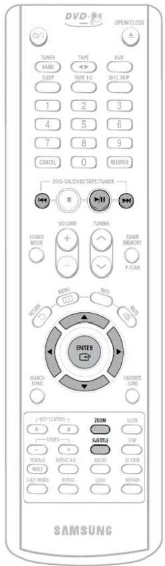 DVD-OK OPEN/CLOSE TUNER BAND SLEEP TAPE TAPE 1/2 AUX DLC SKIP 1 2 3 4 5 6 7 8 9 CANCEL 0 RESERVE DVD-OK/DVD/TAPE/TUNER VOLUME TUNING TUNER MEMORY P. SCAN RETURN MINDI INFO KEY ENTER SEARCH SONE FAVONITE SONE KEY CONTROL ZOOM SLOW TEMPD SUBTITLE STEP FEMALE RESET A-B AUDIO ZZ VIEW MAKE2 SLIDE MODE RESET LOGO REMAIN SAMSUNG