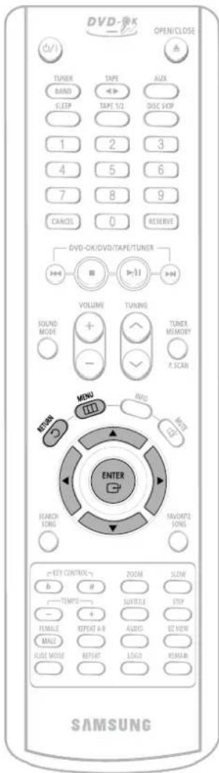 DVD-OK OPEN/CLOSE (√/) TUNER BAND SLEEP TIME 1/2 DISC SKIP 1 2 3 4 5 6 7 8 9 CANCEL 0 RESERVE DVD-OK/DVD/TAPE/TUNER VOLUME TUNING SOUND MODE - TUNER MEMORY P. SCAN MENU MIND RETURN ENTER SEARCH LONG FAVORTE LONGS #EY CONTROL ROOM SLOW #TEMP SUITILE STEP FEMALE AUDIO EZ VIEW MALE REPEAT 4-R REPEAT LOADS REMARKS SAMSUNG
