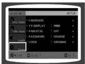 PICKERS DO Music Language TV DISPLAY : VIDE PARENTAL : OFF PASSWORD : CHANGE LOGO : ORIGINAL MOVE SELECT EXIT