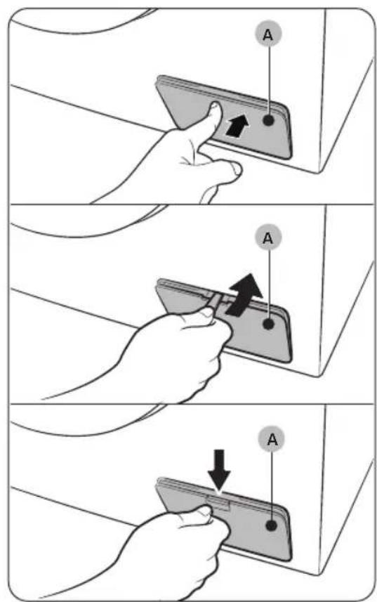 Diagram showing three-step instructions for inserting a card into a device, with labeled points A and directional arrows indicating movement.