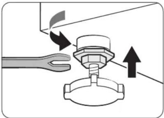 Diagram showing a wrench turning a valve with an arrow indicating direction (no text or symbols present)