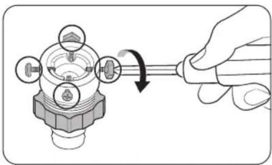 Illustration of a hand using a screwdriver to adjust a mechanical component (no text or symbols visible)