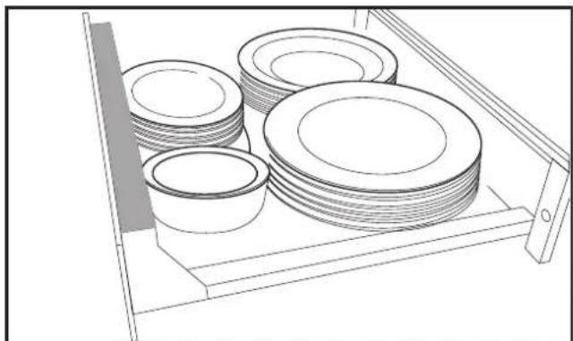Line drawing of a storage cabinet with multiple plates and bowls (no text or symbols)