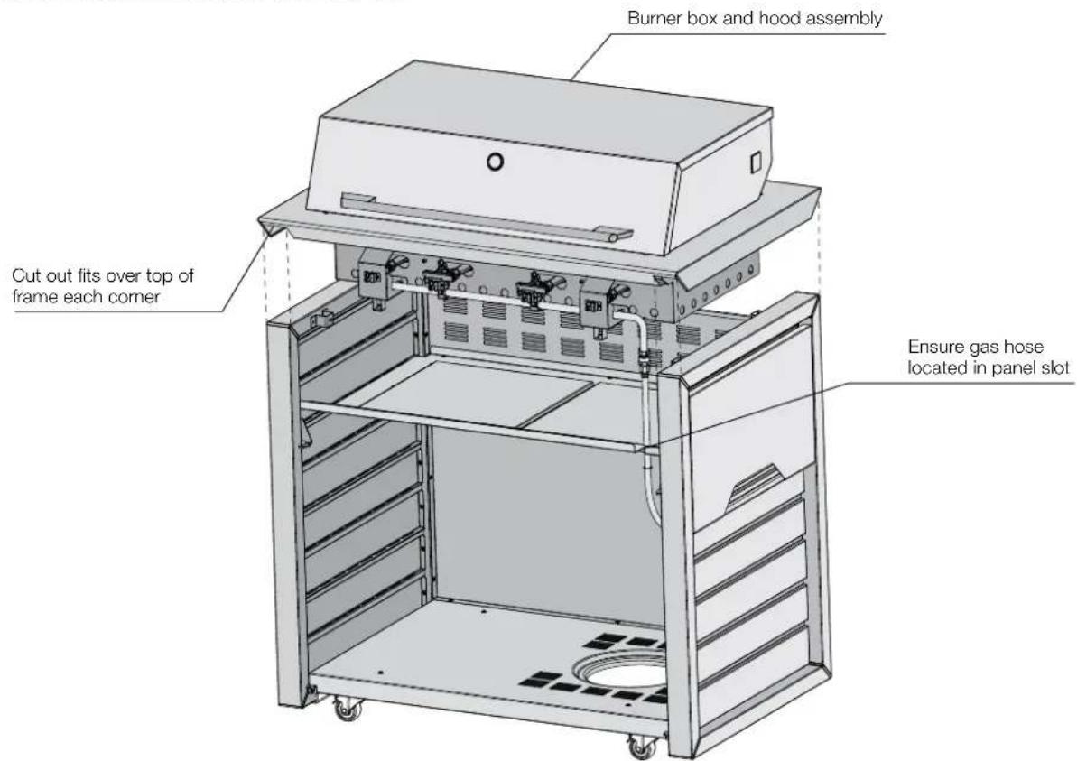 Burner box and hood assembly Cut out fits over top of frame each corner Ensure gas hose located in panel slot
