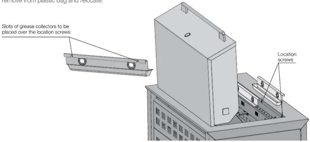Remove from plastic bag and relocate. Slots of grease collectors to be placed over the location screws Location screws