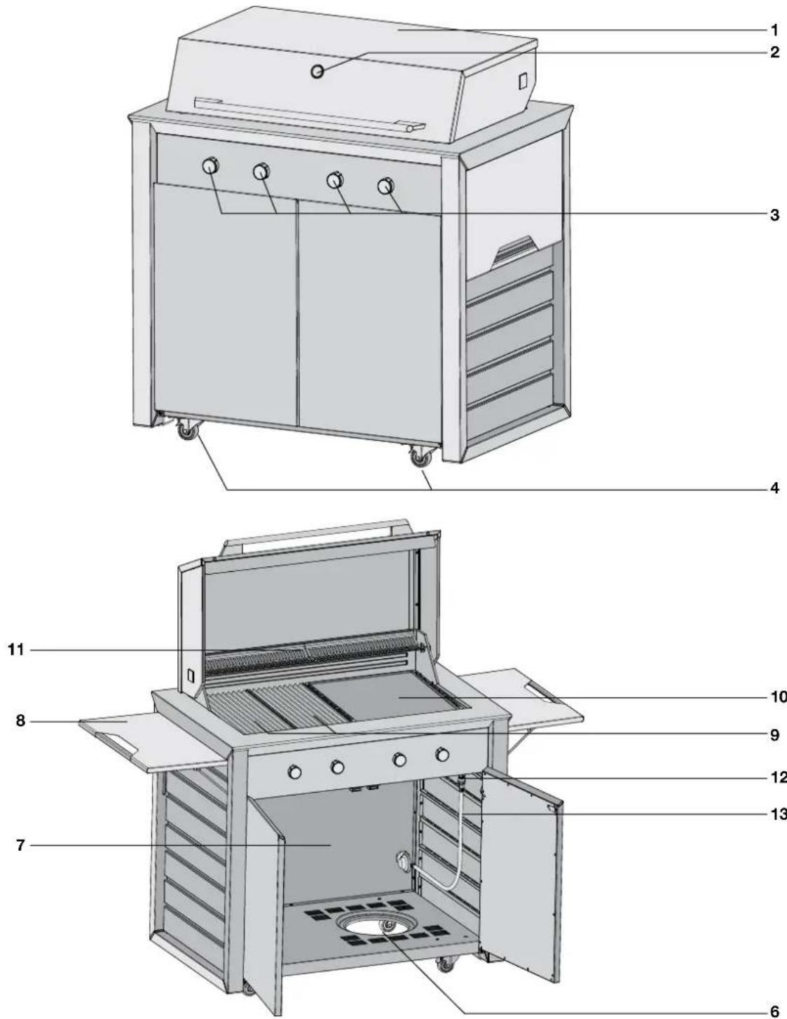 Technical diagram of a portable gas stove with numbered components for identification