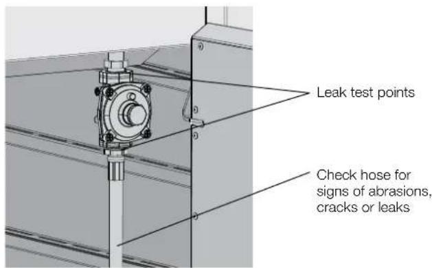Leak test points Check hose for signs of abrasions, cracks or leaks