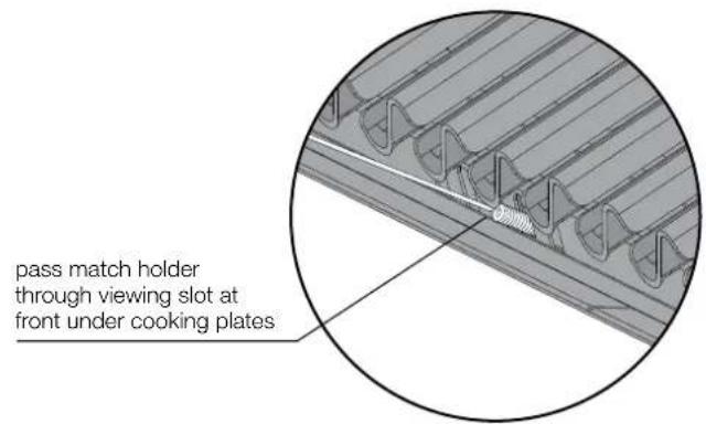 pass match holder through viewing slot at front under cooking plates