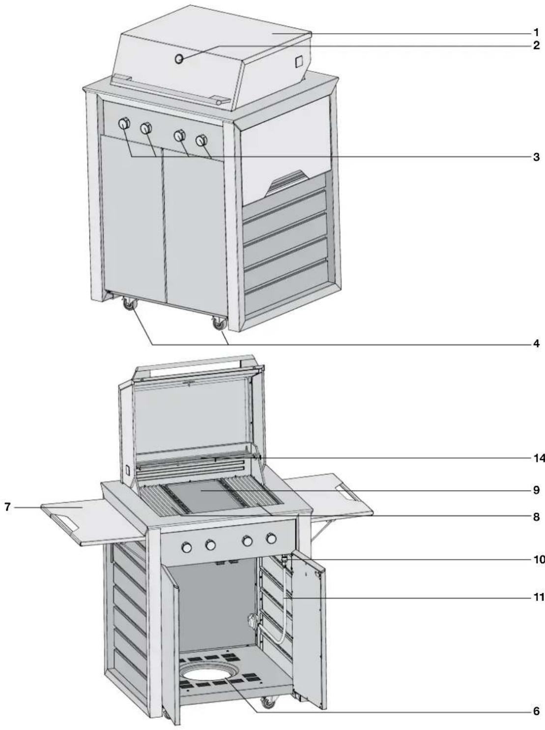 Technical diagram of a portable stove with numbered parts for identification