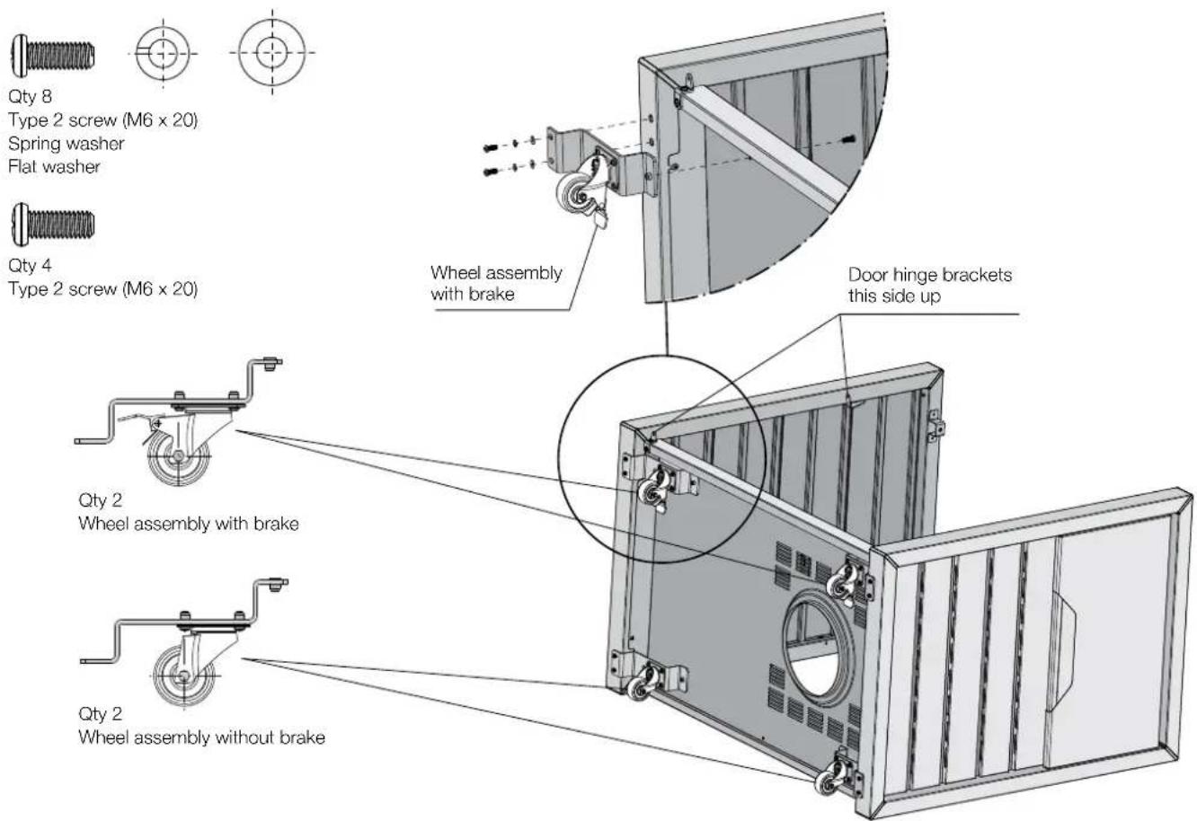 Qty 8 Type 2 screw (M6 x 20) Spring washer Flat washer Qty 4 Type 2 screw (M6 x 20) Wheel assembly with brake Door hinge brackets this side up Qty 2 Wheel assembly with brake Qty 2 Wheel assembly without brake