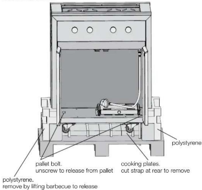 polystyrene pallet bolt. unscrew to release from pallet cooking plates. cut strap at rear to remove polystyrene. remove by lifting barbecue to release