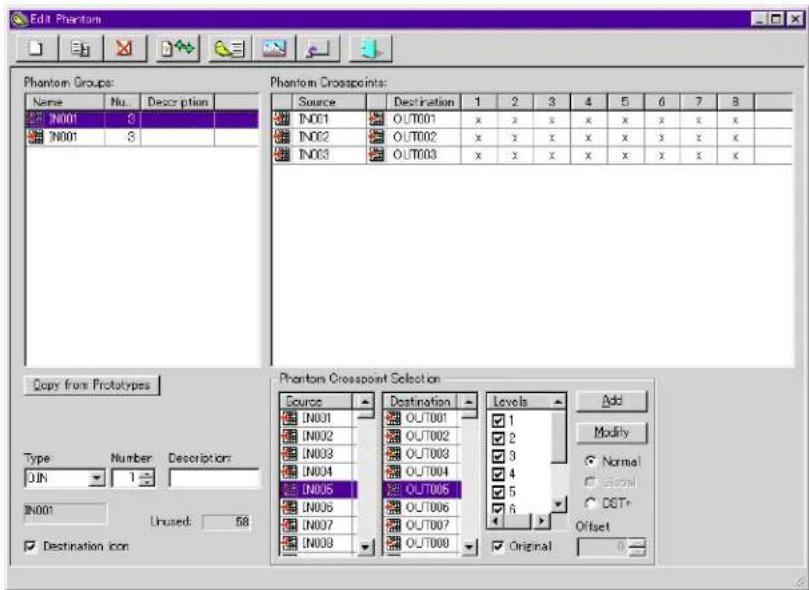 Edit Phantom Phantom Groups: Name Nu. Description IN001 3 IN001 3 Phantom Crosspoints: Source Destination 1 2 3 4 5 6 7 8 IN001 OUT001 x x x x x x x IN002 OUT002 x x x x x x x IN003 OUT003 x x x x x x x Copy from Prototypes Type Number Deserription: JIN 1 IN001 Unused: 58 Destination icon Phantom Crosspoint Selection Source Destination Levels Add IN001 OUT001 1 IN002 OUT002 2 IN003 OUT003 3 IN004 OUT004 4 IN005 OUT005 5 IN006 OUT006 6 IN007 OUT007 IN008 OUT008 Original Modify Normal Normal CCTr Offset