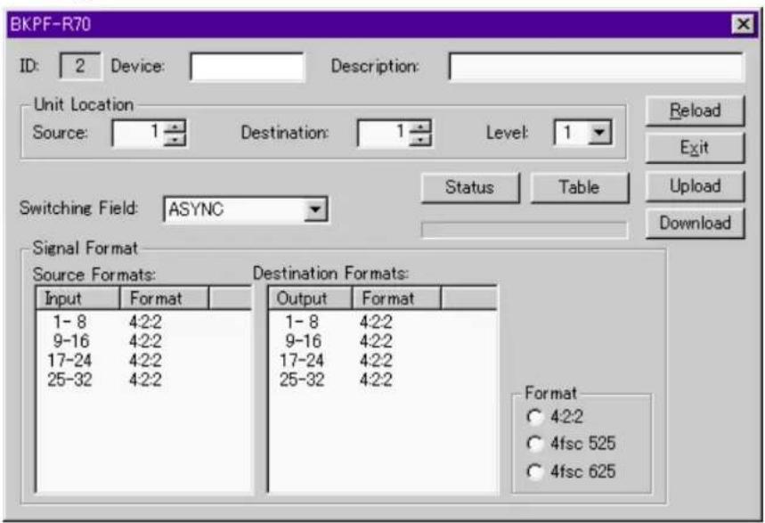 BKPF-R70 ID: 2 Device: Description: Unit Location Source: 1 Destination: 1 Level: 1 Switching Field: ASYNC Status Table Download Signal Format Source Formats: Destination Formats: Input Format Output Format 1-8 4:2:2 1-8 4:2:2 9-16 4:2:2 9-16 4:2:2 17-24 4:2:2 17-24 4:2:2 25-32 4:2:2 25-32 4:2:2 Format ○ 4:2:2 ○ 4fsc 525 ○ 4fsc 625