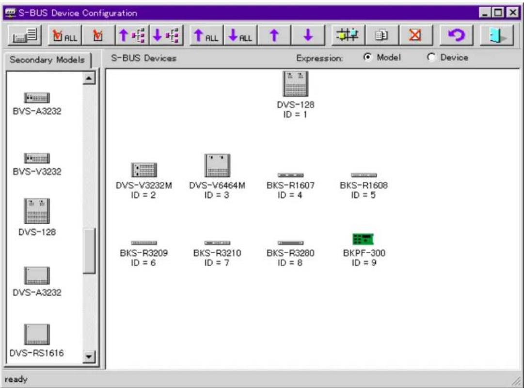 S-BUS Device Configuration Secondary Models BVS-A3232 BVS-V3232 DVS-128 DVS-A3232 DVS-RS1616 S-BUS Devices Expression: Model Device DVS-128 ID = 1 DVS-V3232M ID = 2 DVS-V6464M ID = 3 BKS-R1607 ID = 4 BKS-R1608 ID = 5 BKS-R3209 ID = 6 BKS-R3210 ID = 7 BKS-R3280 ID = 8 BKPF-300 ID = 9 ready