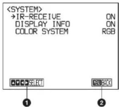 →IR-RECEIVE ON DISPLAY INFO ON COLOR SYSTEM RGB ▲▼▼►SELECT ▼□□□OK ① ②