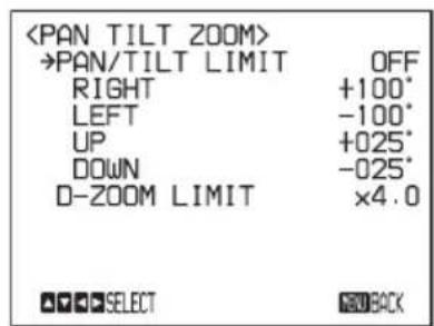 →PAN/TILT LIMIT OFF RIGHT +100° LEFT -100° UP +025° DOWN -025° D-ZOOM LIMIT ×4.0 SELECT REDBACK