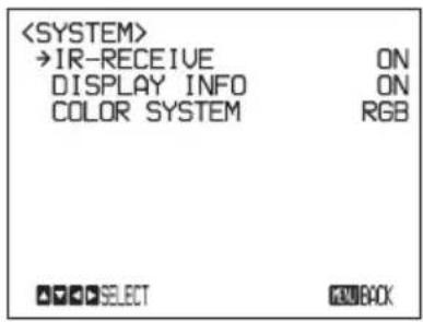 →IR-RECEIVE ON DISPLAY INFO ON COLOR SYSTEM RGB SELECT BACK