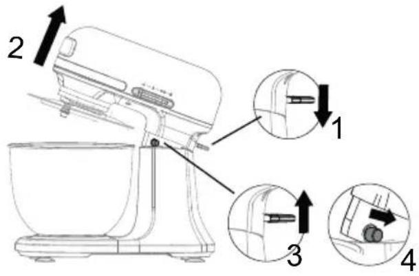 Technical diagram of a kitchen mixer with labeled parts and directional arrows indicating motion