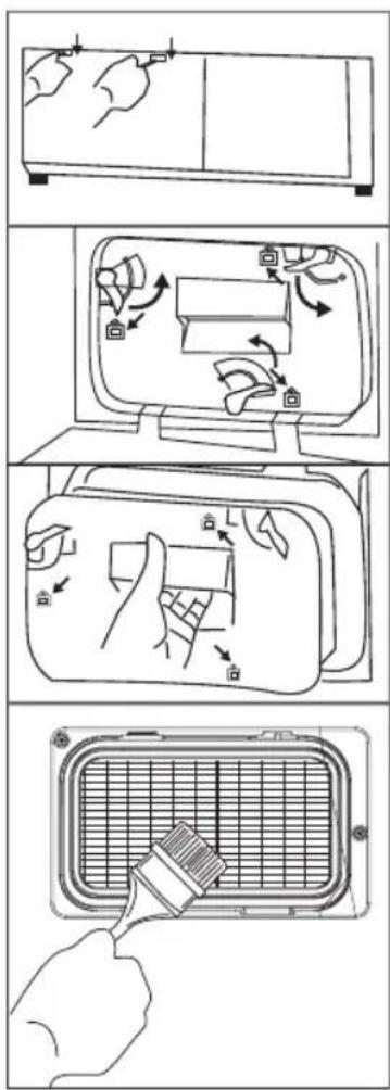 Diagram illustrating appliance cleaning steps with hand tool, fan, and grid panel components