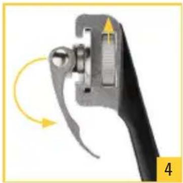 Close-up of a hand gripping a mechanical component with a yellow arrow indicating rotation (no text or symbols)
