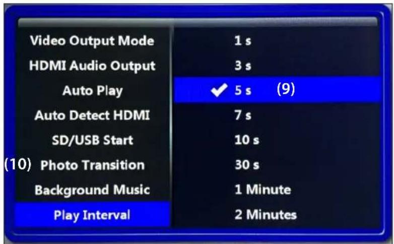 Video Output Mode HDMI Audio Output Auto Play Auto Detect HDMI SD/USB Start (10) Photo Transition Background Music Play Interval 1 s 3 s ✓ 5 s (9) 7 s 10 s 30 s 1 Minute 2 Minutes
