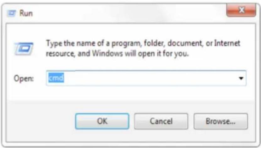 Run Type the name of a program, folder, document, or Internet resource, and Windows will open it for you. Open: cmd OK Cancel Browse...