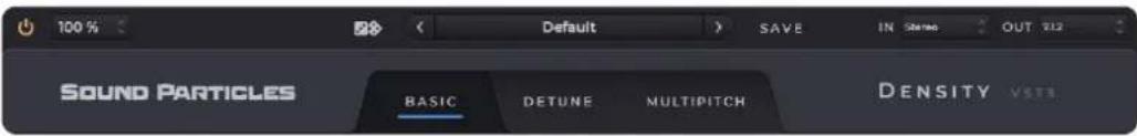 100 % Default SAVE IN START OUT 212 SOUND PARTICLES BASIC DETUNE MULTIPITCH DENSITY VSTS