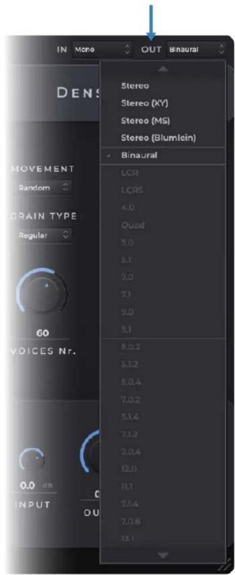 IN Mono OUT Binaural DENS Stereos Stereo (XY) Stereo (MS) Stereo (Blumlein) Binaural LOR LCRS 4.0 Quad 5.0 5.1 7.0 7.1 9.0 5.1 5.0.2 5.1.2 5.0.4 7.0.2 5.1.4 7.1.2 7.0.4 12.0 11.1 7.1.4 7.0.6 13.1 60 VOICES Nr. OUTPUT