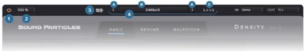 100 % 3 A B Default A C SAVE IN Stereo OUT 7.2 1 2 SOUND PARTICLES BASIC DETUNE MULTIPITCH DENSITY TEST