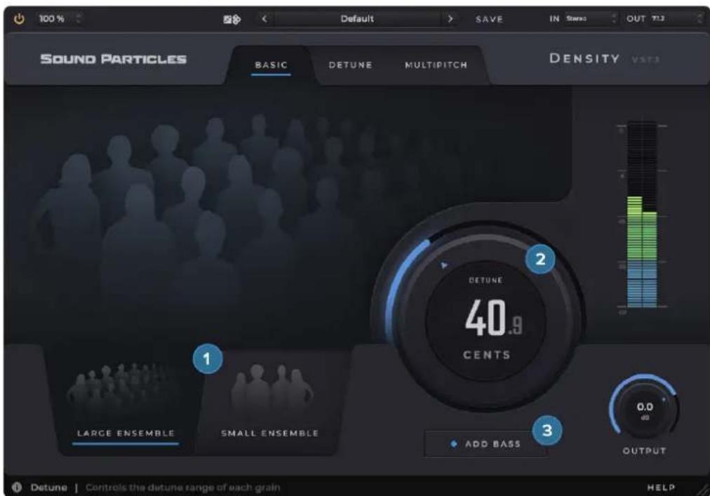 100 % Default SAVE IN Stereo OUT SOUND PARTICLES BASIC DETUNE MULTIPITCH DENSITY VST3 DETUNE 40.9 CENTS 1 LARGE ENSEMBLE SMALL ENSEMBLE ADD BASS 0.0 00 OUTPUT Detune | Controls the detune range of each grain HELP