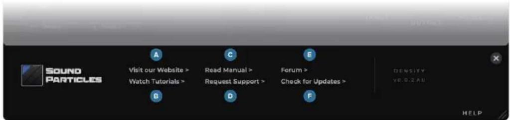SOUND PARTICLES Visit our Website > Watch Tutorials > Read Manual > Request Support > Forum > Check for Updates > DENSITY YR.D.R.AU HELP