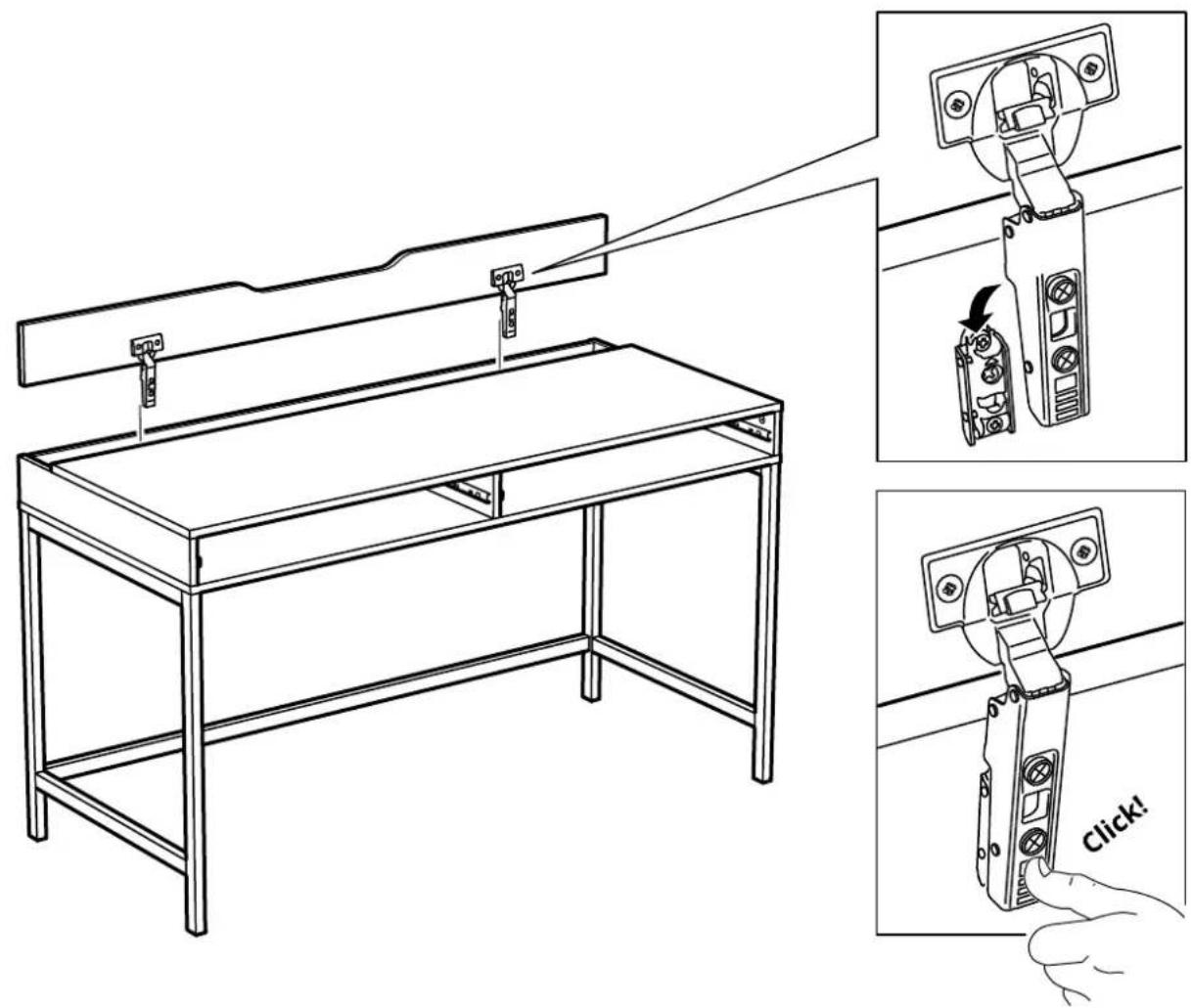 Technical diagram showing a workbench with mechanical components and a hand inserting a component labeled 'Click!'