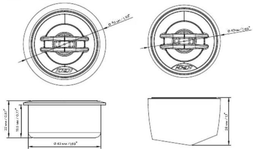 Ø 40 mm / 169" Ø 43 mm / 169" Ø 43 mm / 169" 22 mm / 0.8" 10.5 mm / 0.7" Ø 43 mm / 169" 28 mm / 11"