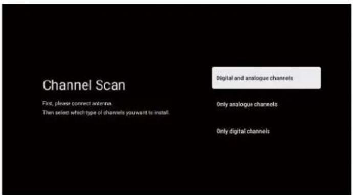 Channel Scan First, please connect antenna. Then select which type of channels you want to install. Digital and analogue channels Only analogue channels Only digital channels