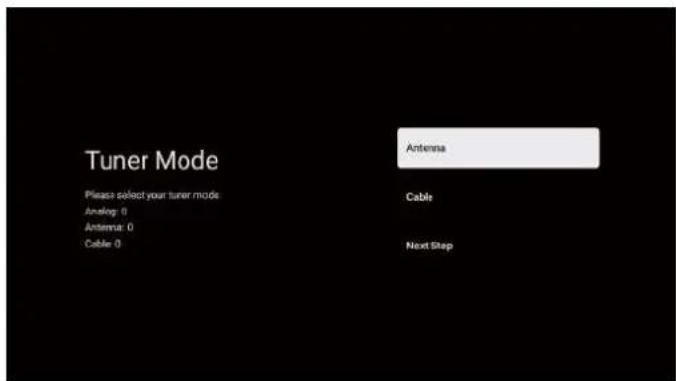 Tuner Mode Please select your tuner mode Analog: 0 Antenna: 0 Cable: 0 Antenna Cable Next Stop
