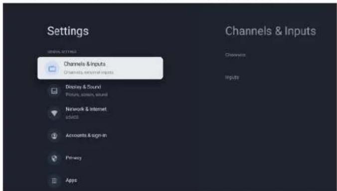 Settings Channels & Inputs Channels, original inputs Channels Displays & Sounds Picture, sound, sound Network & Internet uses Accounts & sign-in Privacy Apps Channels & Inputs Inputs