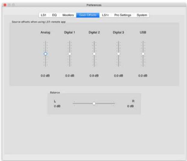 Preferences LS1 EQ Woolers Gain Offsets LS1r Pro Settings System Source offsets when using LST-remote app Analog Digital 1 Digital 2 Digital 3 USB 0.0 dB 0.0 dB 0.0 dB 0.0 dB 0.0 dB Balance L R 0 dB 0 dB