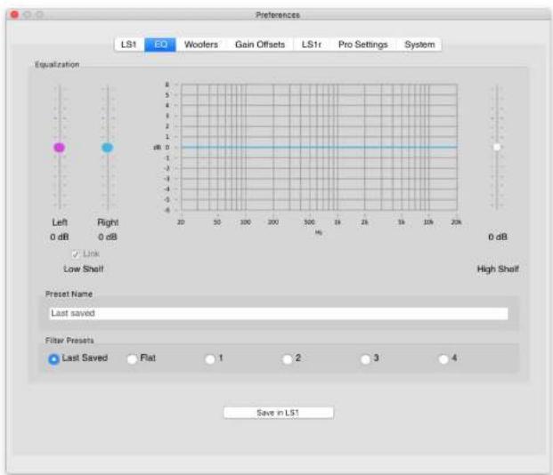 Preferences LS1 EQ Woolers Gain Offsets LS1r Pro Settings System Equalization Left Right 0 dB 0 dB Link Low Shelf High Shelf Preset Name Last saved Filter Presets Last Saved Flat 1 2 3 4 Save in LS1