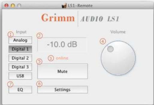 Grimm AUDIO LS1 Input Analog Digital 1 -10.0 dB Digital 2 Digital 3 USB online Mute EQ Settings Volume Settings