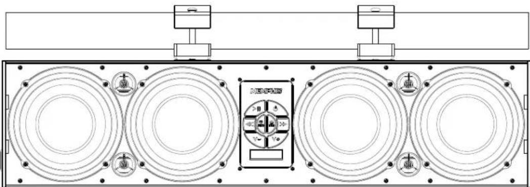 Technical diagram of a multi-tiered speaker or audio unit with labeled components and control panel