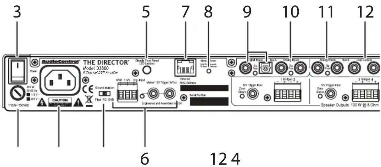 3 5 7 8 9 10 11 12 AudioControl® THE DIRECTOR® Model D2800 8 Channel DSP Amplifier Power 603 W 32-43 Hz 115 V - 233 V - T10A/-75V/NC CAUTION Ground Inletion LED +12V Trg. Input Master 12V Trigger In/Out Ethernet MAC Inscribers Engineered and Associated In/SA Serial Number Signal Process Box A Analog Inputs Spd Pinus Analog Inputs Sun B Loop Outputs 12V Trigger Input Zone Grids 1 Bridged 2 12V Trigger Input Zone Status Speaker Outputs 100 W @ 8 Ohm 6 12 4