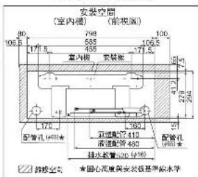 安装空间 (室内视) (前视图) 106.5 798 585 495 106.5 17厚 5 室内视 安装板 71.6 7.5 279 254 176 164 空腹面7.410 高速管480 配管孔(400*) 排水软管20 (420) 圆心高度与安装板基準夹水淬