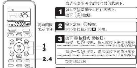 1. 如果它显示器在停止运行状态下。 按下①按钮。 2. 按下定时②按钮。 定时将选指示波③ 回常。 3. 按下④按钮或⑤按钮。 每按一次⑥按钮,显示就按下述依次变化 每按一次⑦按钮,显示就按下述依次变化 设定到22:30