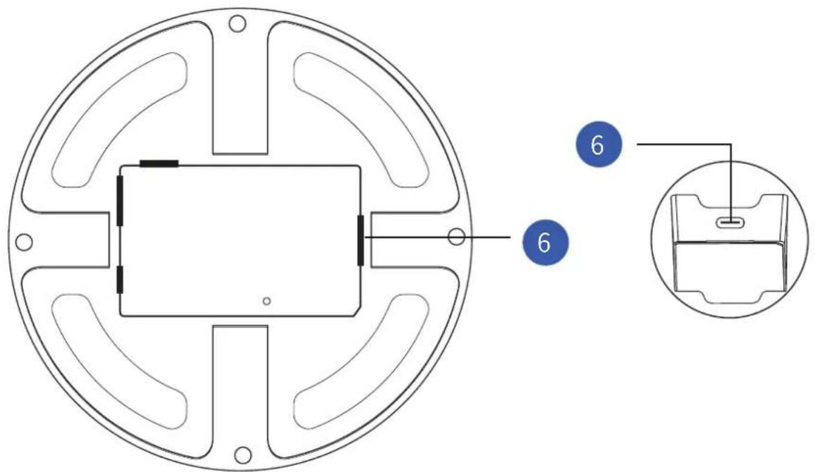 Technical diagram showing a circular component with internal structure and a magnified inset of its internal structure, labeled with numbers 6.