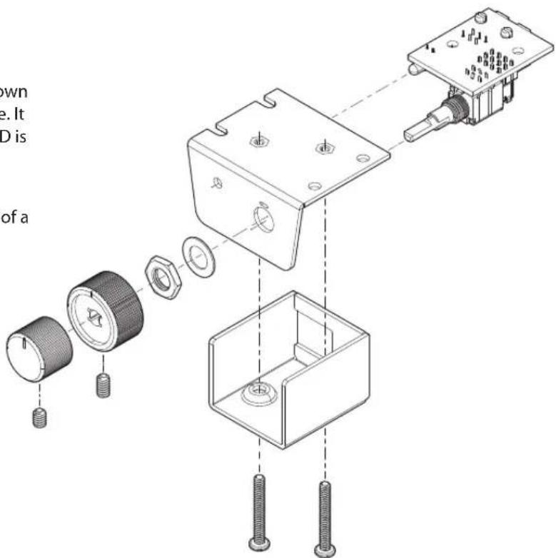 Exploded view diagram of an electronic component with labeled parts including a cylindrical housing, nut assembly, and terminal block.