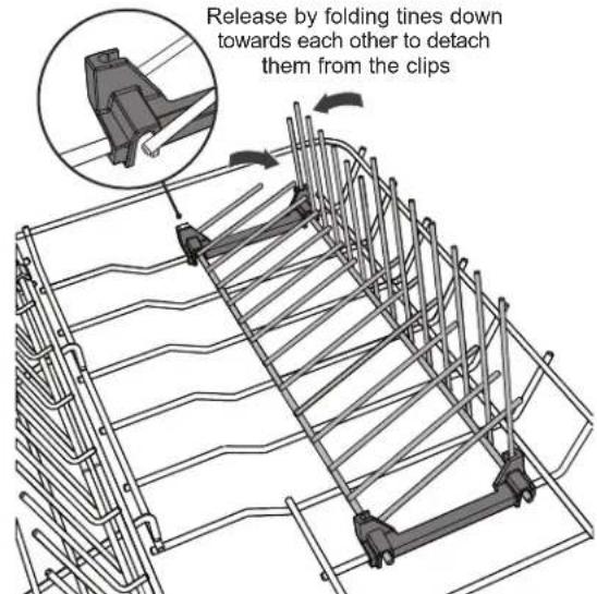 Release by folding tines down towards each other to detach them from the clips