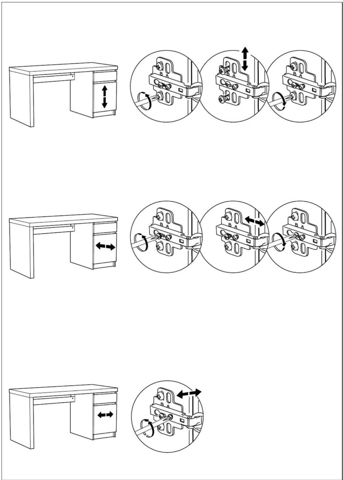 Technical diagram showing three different arrangements of a desk with labeled components and directional arrows indicating movement or assembly.