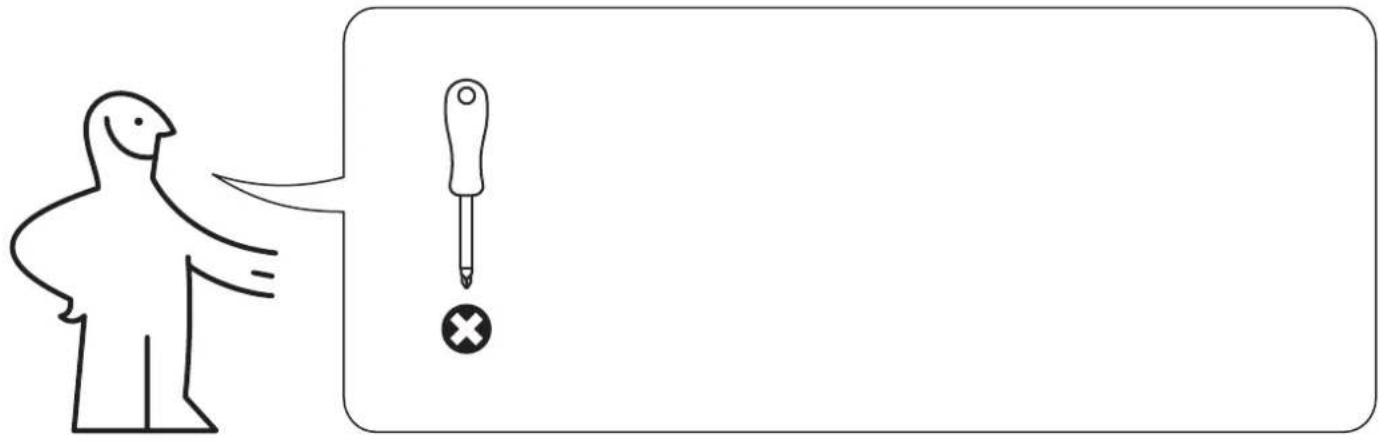 Diagram showing a person pointing at a screwdriver with a cross symbol, likely illustrating a warning or instruction.
