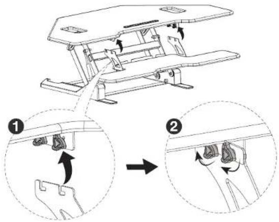 Technical diagram showing a table with two views and mechanical components, labeled with steps 1 and 2.