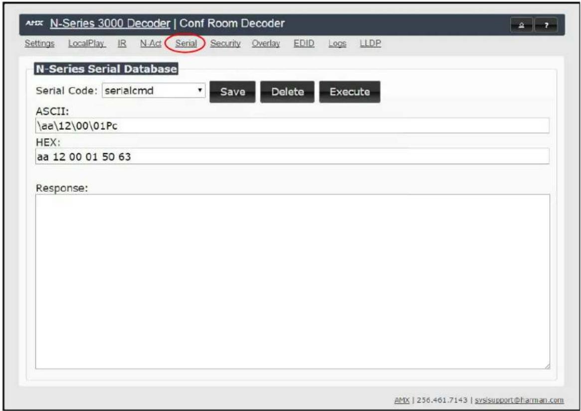 N-Series 3000 Decoder | Conf Room Decoder Settings LocalPlay IR N-Act Serial Security Overlay EDID Logs LLDP N-Series Serial Database Serial Code: serialcmd Save Delete Execute ASCII: \aa\12\00\01Pc HEX: aa 12 00 01 50 63 Response: